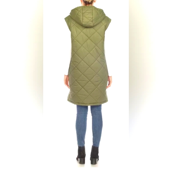 Diamond Quilted Hooded Long Puffer Vest Jacket - Olive - Picture 3 of 7